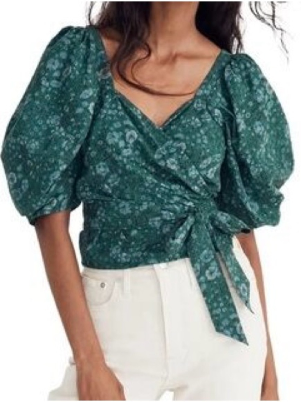 Madewell Emerald Green Floral Wrap Puff Sleeve Blouse